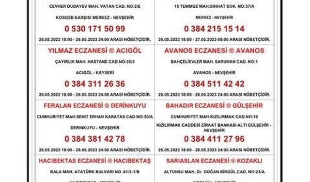 Nöbetçi Eczaneler 26.05.2023