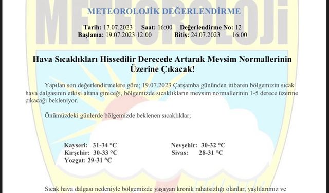 Meteoroloji uyardı: Nevşehir'e sıcak hava geliyor