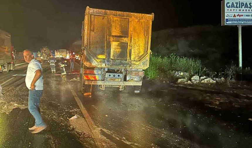 Antalya'da kamyonun lastiği patlayarak alev aldı