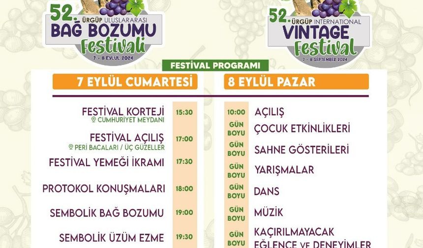 52. Ürgüp Uluslararası Bağ Bozumu Festivali 7-8 Eylül'de Peri Bacaları'nda